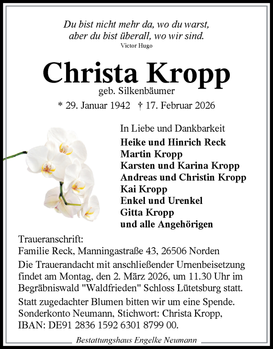 Traueranzeige von Christa Kropp von Ostfriesischer Kurier GmbH
