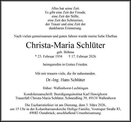 Traueranzeige von Christa-Maria Schlüter von Neue Osnabrücker Zeitung GmbH & Co. KG
