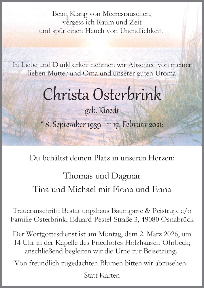  Traueranzeige für Christa Osterbrink vom 21.02.2026 aus Neue Osnabrücker Zeitung GmbH & Co. KG