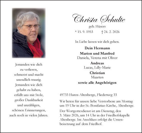 Traueranzeige von Christa Schulte von Neue Osnabrücker Zeitung GmbH & Co. KG