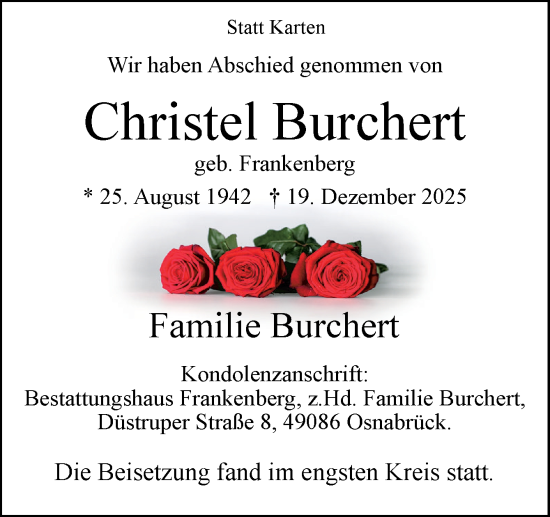 Traueranzeige von Christel Burchert von Neue Osnabrücker Zeitung GmbH & Co. KG