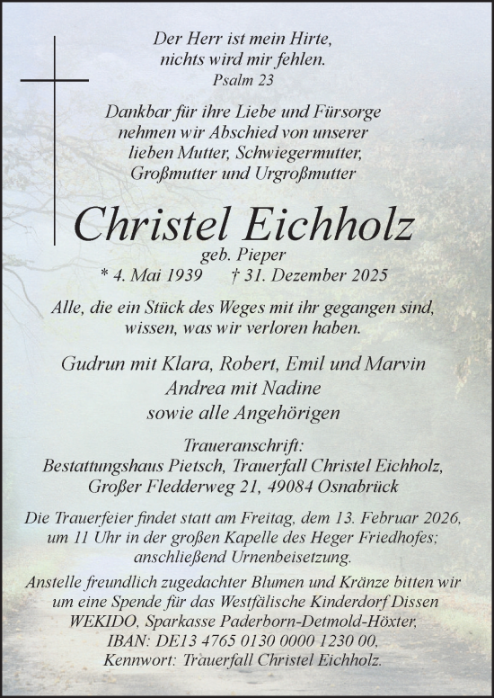 Traueranzeige von Christel Eichholz von Neue Osnabrücker Zeitung GmbH & Co. KG
