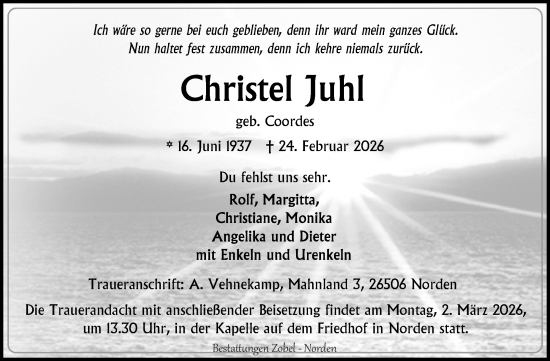 Traueranzeige von Christel Juhl von Ostfriesischer Kurier GmbH