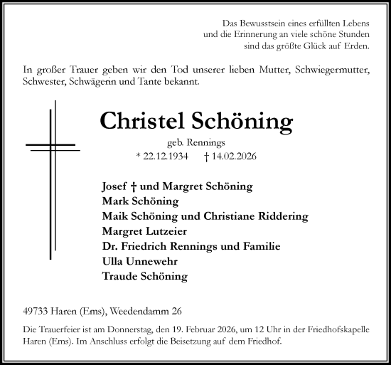 Traueranzeige von Christel Schöning von Neue Osnabrücker Zeitung GmbH & Co. KG