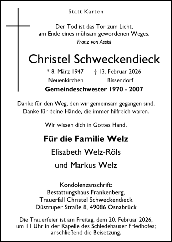 Traueranzeige von Christel Schweckendieck von Neue Osnabrücker Zeitung GmbH & Co. KG