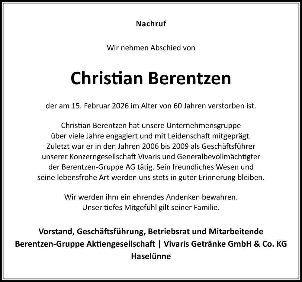  Traueranzeige für Christian Berentzen vom 23.02.2026 aus Neue Osnabrücker Zeitung GmbH & Co. KG