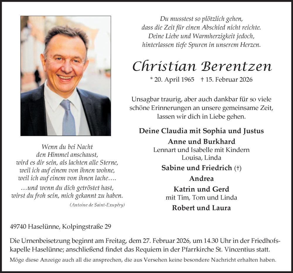  Traueranzeige für Christian Berentzen vom 21.02.2026 aus Neue Osnabrücker Zeitung GmbH & Co. KG