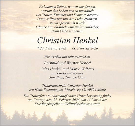 Traueranzeige von Christian Henkel von Neue Osnabrücker Zeitung GmbH & Co. KG