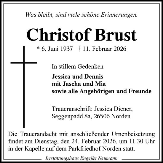 Traueranzeige von Christof Brust von Ostfriesischer Kurier GmbH