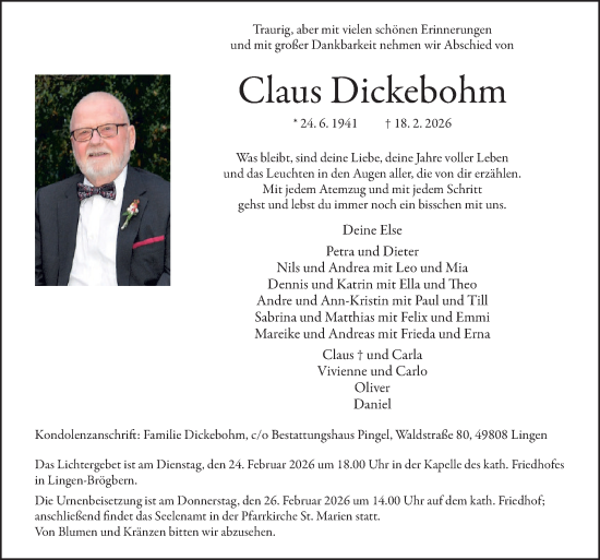 Traueranzeige von Claus Dickebohm von Neue Osnabrücker Zeitung GmbH & Co. KG