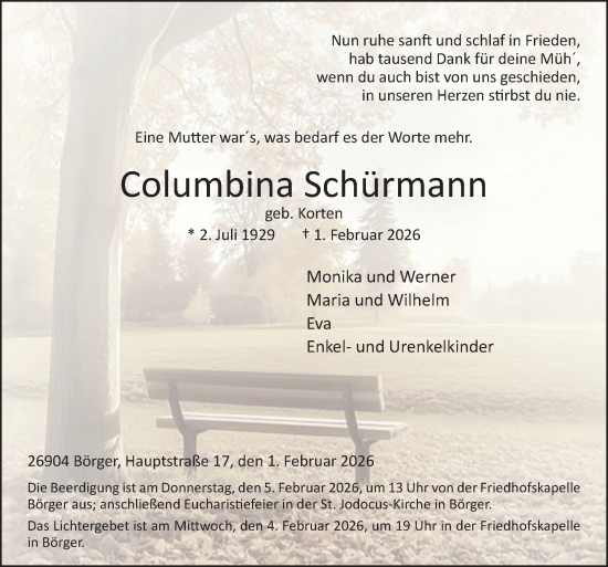 Traueranzeige von Columbina Schürmann von Neue Osnabrücker Zeitung GmbH &amp; Co. KG