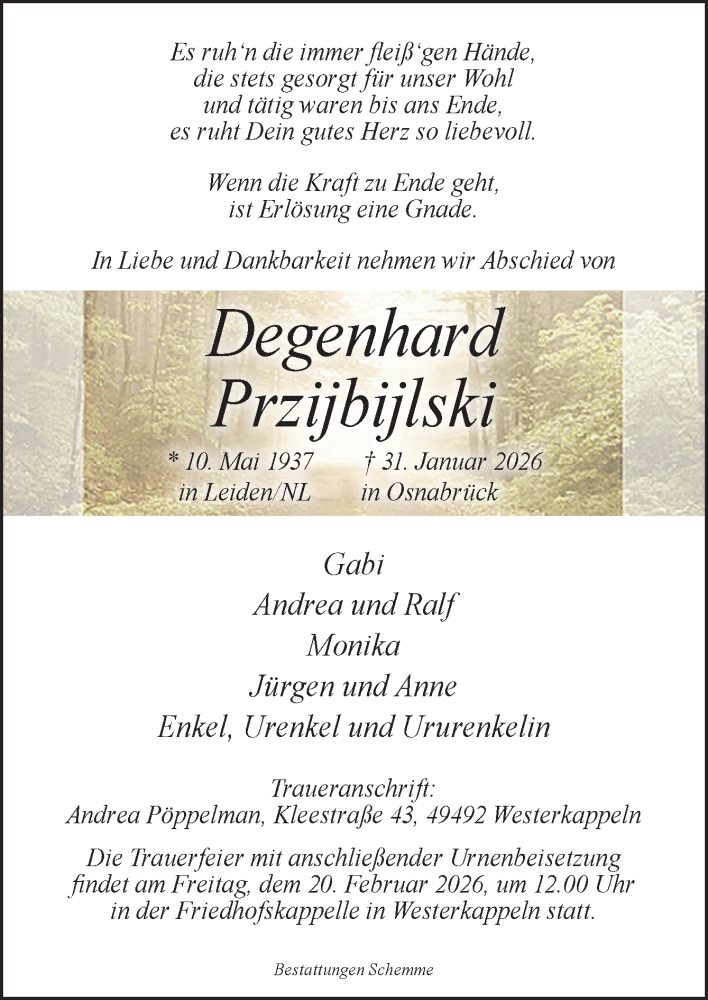  Traueranzeige für Degenhard Przijbijlski vom 14.02.2026 aus Neue Osnabrücker Zeitung GmbH & Co. KG