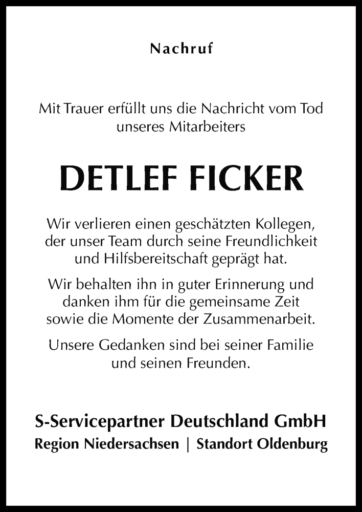  Traueranzeige für Detlef Ficker vom 06.02.2026 aus Neue Osnabrücker Zeitung GmbH & Co. KG