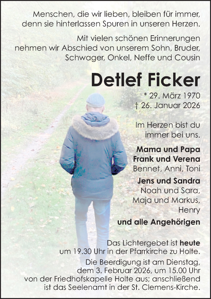  Traueranzeige für Detlef Ficker vom 02.02.2026 aus Neue Osnabrücker Zeitung GmbH & Co. KG