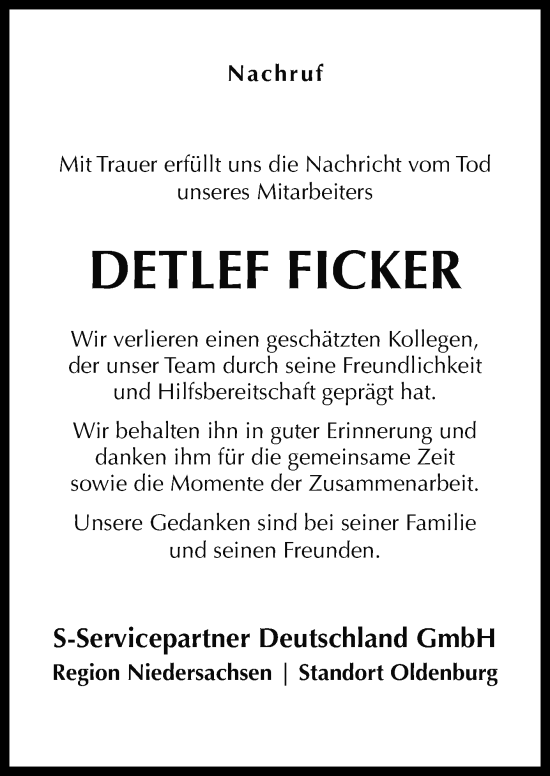 Traueranzeige von Detlef Ficker von Neue Osnabrücker Zeitung GmbH & Co. KG