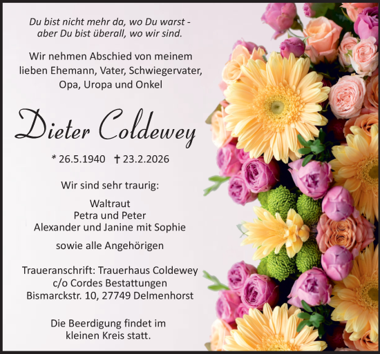 Traueranzeige von Dieter Coldewey von DK Medien GmbH & Co. KG