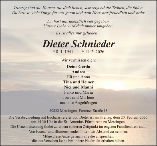 Traueranzeige von Dieter Schnieder von Neue Osnabrücker Zeitung GmbH & Co. KG