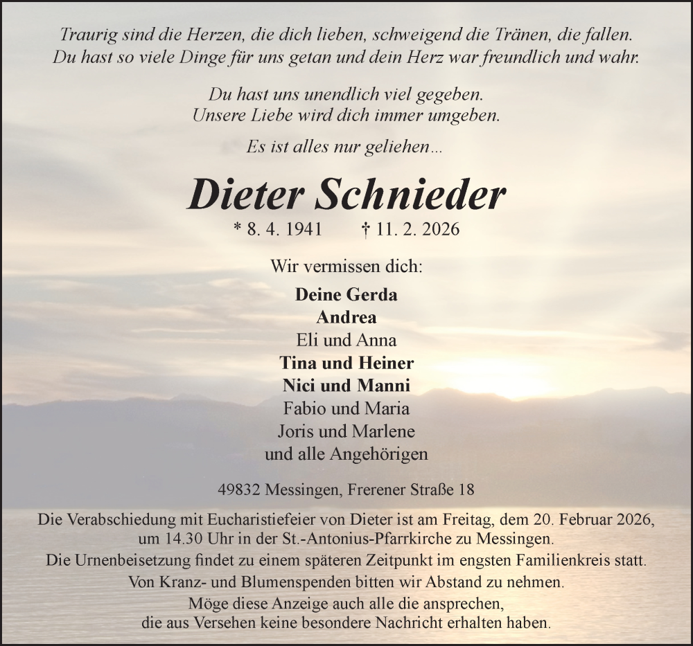  Traueranzeige für Dieter Schnieder vom 14.02.2026 aus Neue Osnabrücker Zeitung GmbH & Co. KG