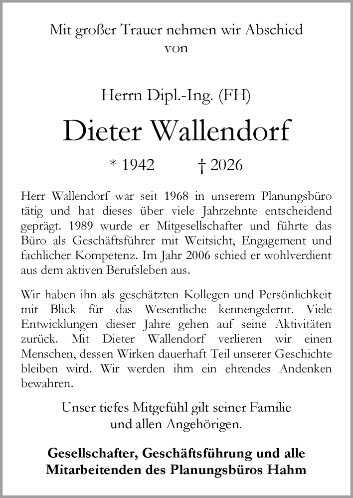  Traueranzeige für Dieter Wallendorf vom 14.02.2026 aus Neue Osnabrücker Zeitung GmbH & Co. KG