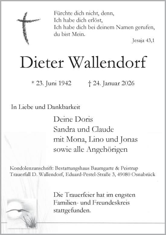 Traueranzeige von Dieter Wallendorf von Neue Osnabrücker Zeitung GmbH & Co. KG