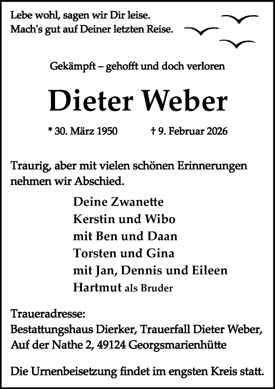Traueranzeige von Dieter Weber von Neue Osnabrücker Zeitung GmbH & Co. KG