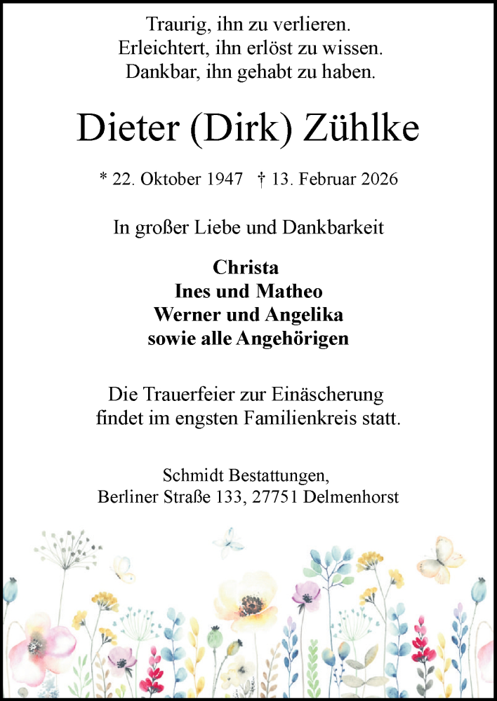  Traueranzeige für Dieter Zühlke vom 21.02.2026 aus DK Medien GmbH & Co. KG