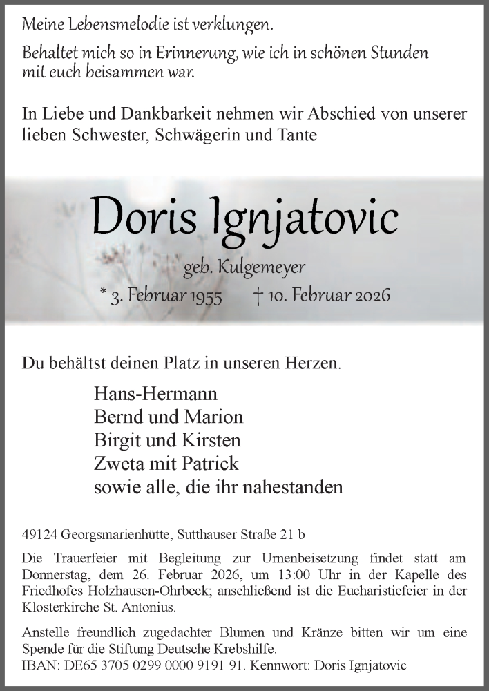  Traueranzeige für Doris Ignjatovic vom 21.02.2026 aus Neue Osnabrücker Zeitung GmbH & Co. KG
