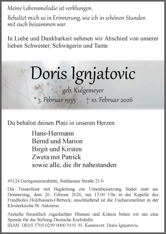 Traueranzeige von Doris Ignjatovic von Neue Osnabrücker Zeitung GmbH & Co. KG