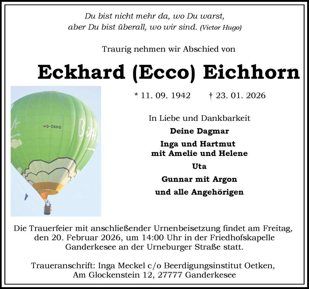  Traueranzeige für Eckhard Eichhorn vom 07.02.2026 aus DK Medien GmbH & Co. KG