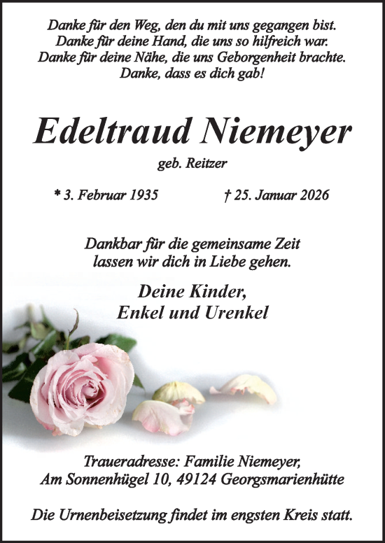 Traueranzeige von Edeltraud Niemeyer von Neue Osnabrücker Zeitung GmbH & Co. KG
