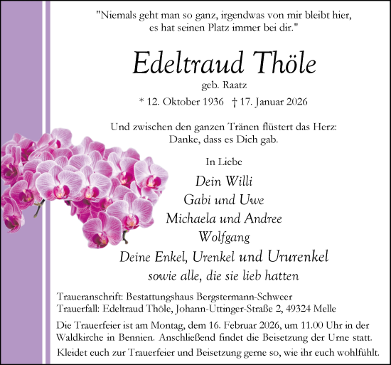 Traueranzeige von Edeltraud Thöle von Neue Osnabrücker Zeitung GmbH & Co. KG