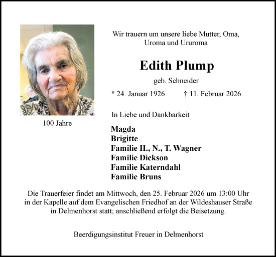 Traueranzeige von Edith Plump von DK Medien GmbH & Co. KG