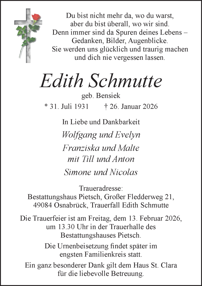  Traueranzeige für Edith Schmutte vom 07.02.2026 aus Neue Osnabrücker Zeitung GmbH & Co. KG