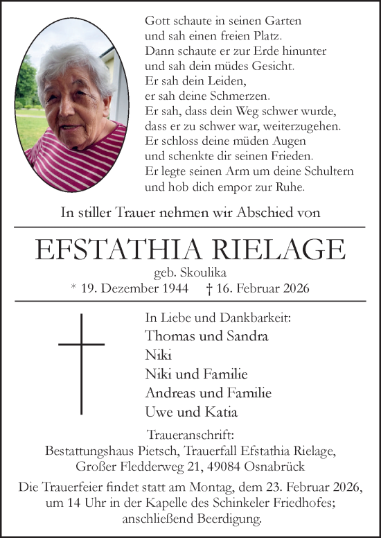 Traueranzeige von Efstathia Rielage von Neue Osnabrücker Zeitung GmbH & Co. KG