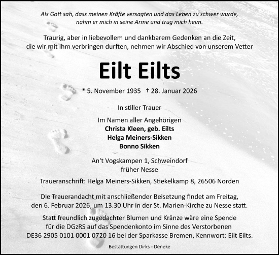 Traueranzeige von Eilt Eilts von Ostfriesischer Kurier / Norderneyer Badezeitung