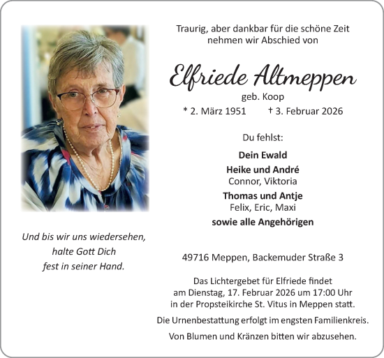 Traueranzeige von Elfriede Altmeppen von Neue Osnabrücker Zeitung GmbH & Co. KG