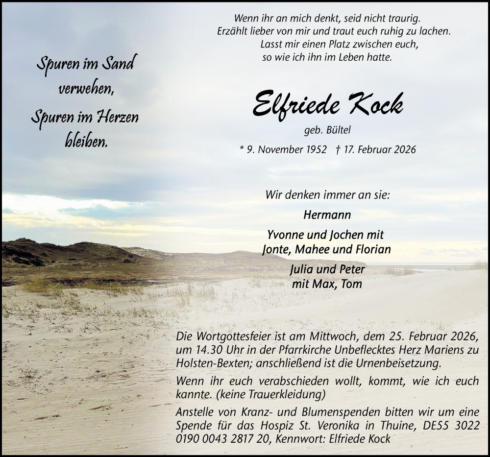  Traueranzeige für Elfriede Kock vom 20.02.2026 aus Neue Osnabrücker Zeitung GmbH & Co. KG