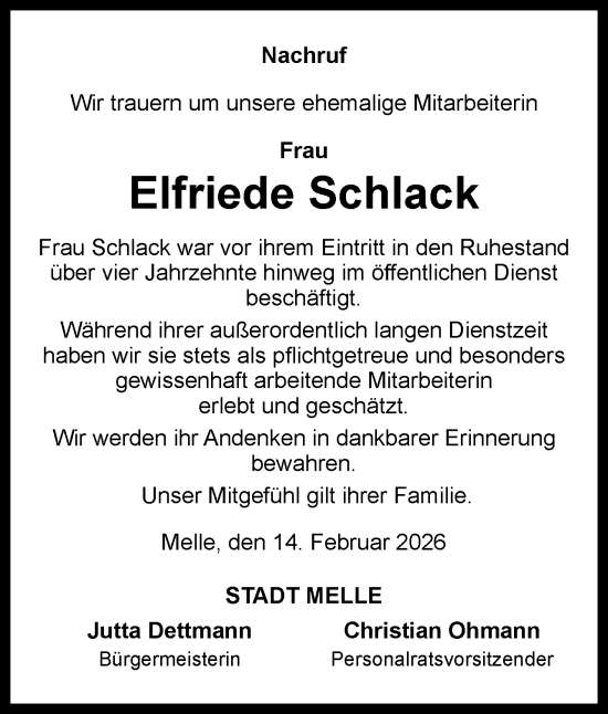 Traueranzeige von Elfriede Schlack von Neue Osnabrücker Zeitung GmbH & Co. KG