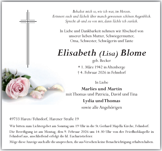 Traueranzeige von Elisabeth Blome von Neue Osnabrücker Zeitung GmbH & Co. KG