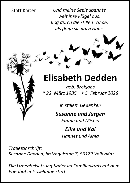 Traueranzeige von Elisabeth Dedden von Neue Osnabrücker Zeitung GmbH & Co. KG