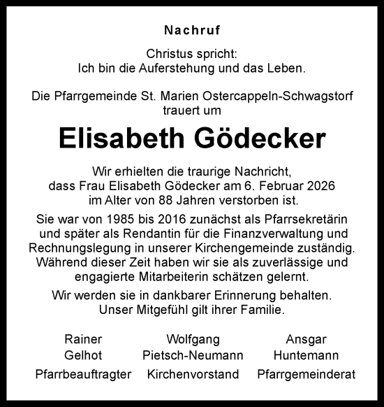 Traueranzeige von Elisabeth Gödecker von Neue Osnabrücker Zeitung GmbH & Co. KG