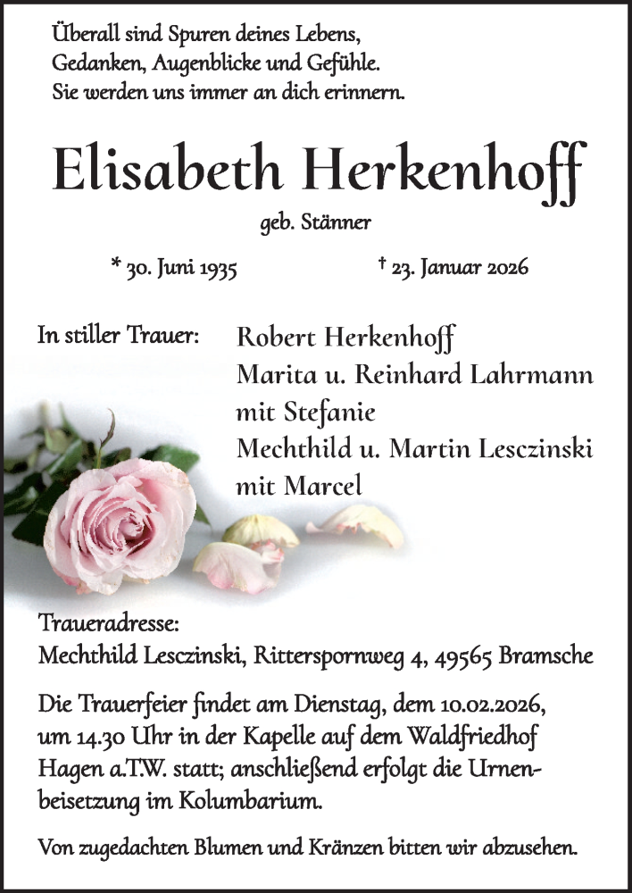 Traueranzeige für Elisabeth Herkenhoff vom 31.01.2026 aus Neue Osnabrücker Zeitung GmbH & Co. KG