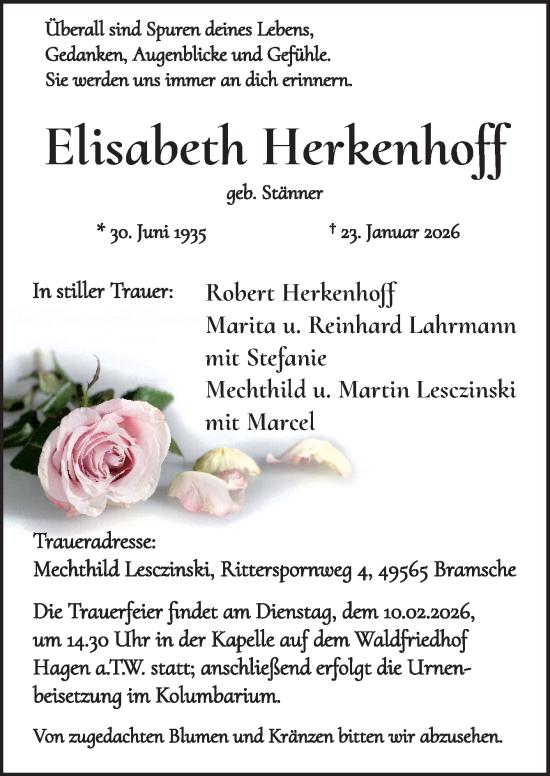 Traueranzeige von Elisabeth Herkenhoff von Neue Osnabrücker Zeitung GmbH & Co. KG