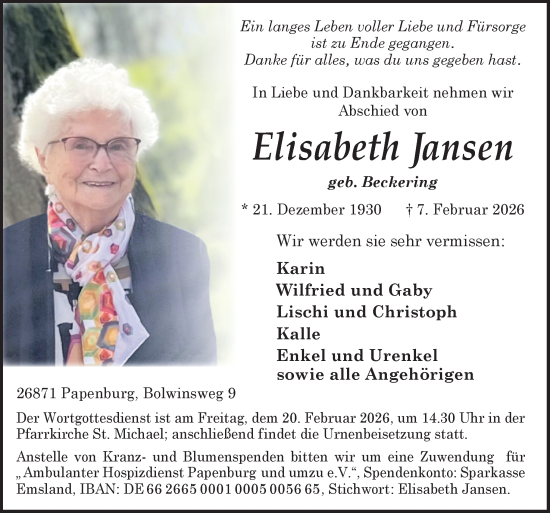 Traueranzeige von Elisabeth Jansen von Neue Osnabrücker Zeitung GmbH & Co. KG