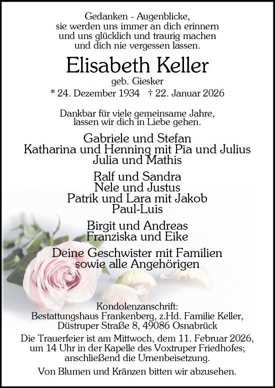Traueranzeige von Elisabeth Keller von Neue Osnabrücker Zeitung GmbH & Co. KG