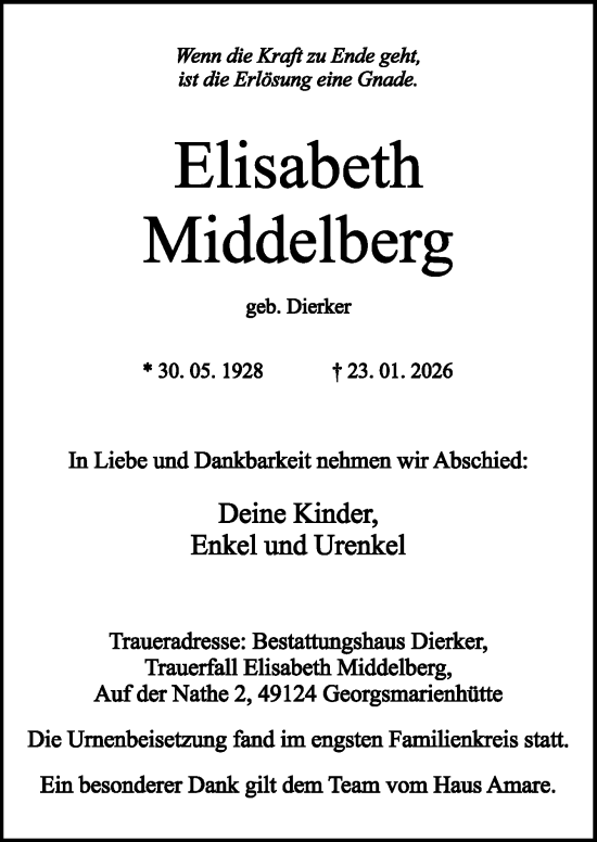 Traueranzeige von Elisabeth Middelberg von Neue Osnabrücker Zeitung GmbH & Co. KG