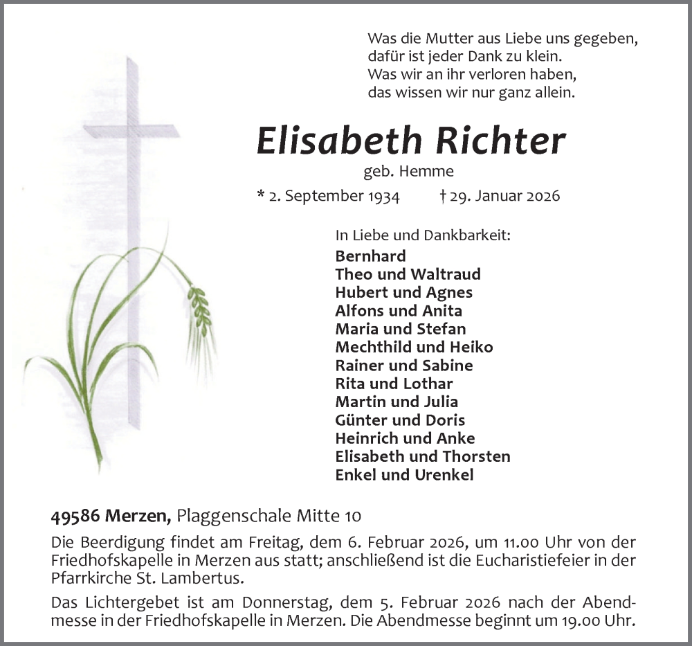  Traueranzeige für Elisabeth Richter vom 02.02.2026 aus Neue Osnabrücker Zeitung GmbH & Co. KG