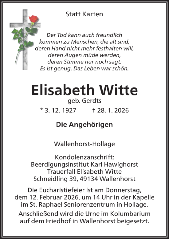 Traueranzeige von Elisabeth Witte von Neue Osnabrücker Zeitung GmbH & Co. KG