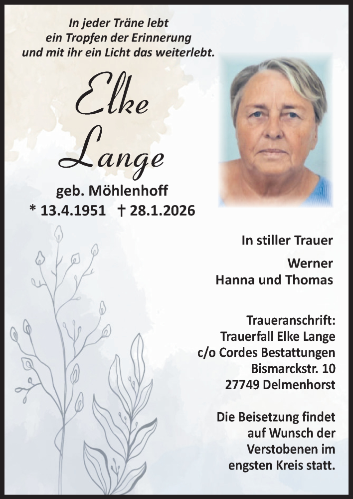  Traueranzeige für Elke Lange vom 07.02.2026 aus DK Medien GmbH & Co. KG