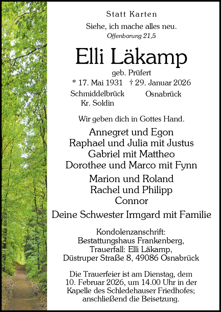  Traueranzeige für Elli Läkamp vom 07.02.2026 aus Neue Osnabrücker Zeitung GmbH & Co. KG